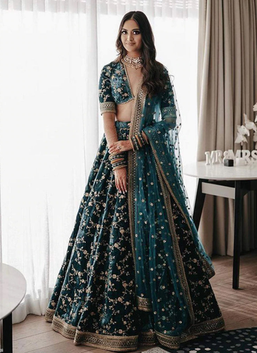 Heavy Velvet Green Color Bridal Lehenga Choli With Embroidery Work